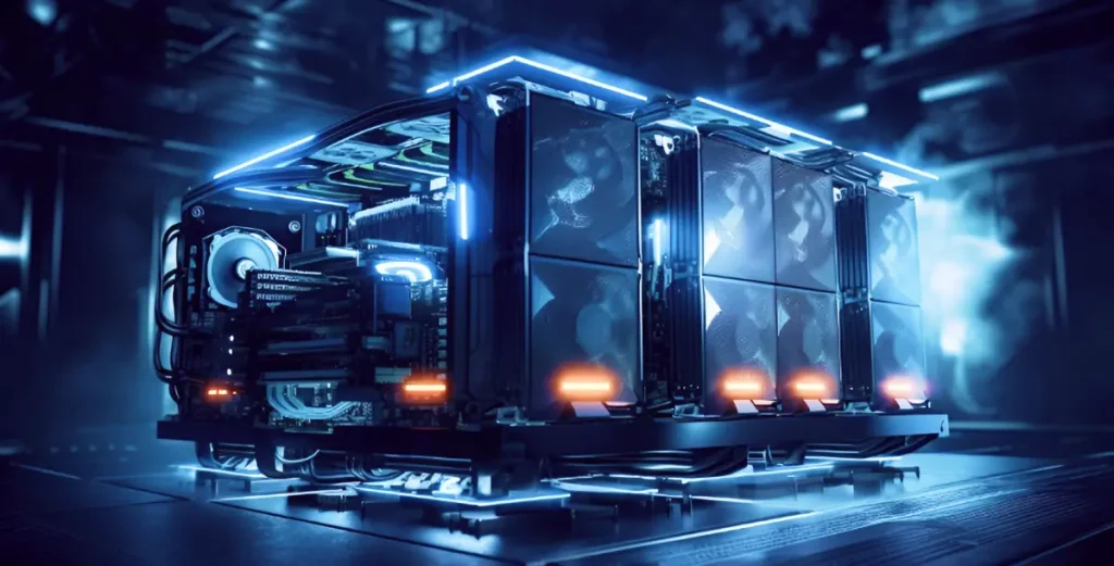 Hybrid mining GPU rig designed for dual-use workloads including AI inference, zk-proofs, and Bitcoin mining, with modular cooling and high-density performance.