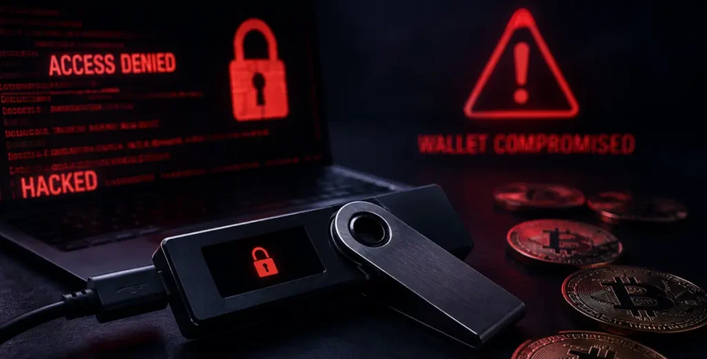Cryptocurrency hardware wallet compromised by firmware exploit leading to losses.